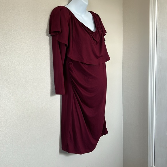 PinkBlush Maroon Burgundy Ruffle Trim Off Shoulder Fitted Maternity Dress - Picture 7 of 9